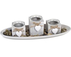 Gerimport Kaarsenbord-plateau - 3 kaarsenhouders - hout - deco stenen - D40 cm