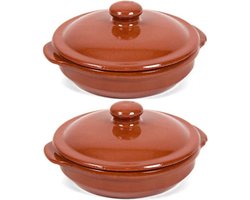 Gerimport Mini ovenschaal/stoofpot - 2x - Oviedo - aardewerk - 18 cm - met deksel - bruin