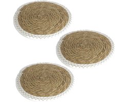 Gerimport Pannen onderzetters - Set van 3x stuks - zeegras - rond - 28x28 cm - naturel/wit - stevig - groot formaat