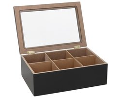 Gerimport Theedoos - zwart - 6-vaks - hout - 16 x 24 x 8 - met deksel - theebox