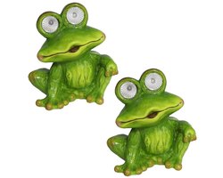 Gerimport Tuinbeeld dier kikker zittend - 2x - kunststeen - 20 cm - groen - Solar light ogen