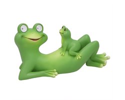 Gerimport Tuinbeeld kikker - liggend - kunststeen - 35 x 12 x 19 cm - groen - Solar licht ogen