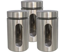 Gerimport Voorraadpot - 3x - voedsel bewaren - zilverkleurig - RVS - deksel - 1000 ml
