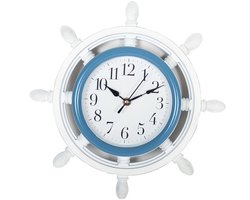 Gerimport Wandklok - stuurwiel - 33 cm - wit met blauw - nautisch - zee - maritiem thema - klok