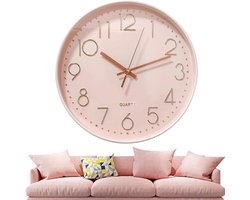 Geruisloze wandklok roze 30 cm – moderne kwartsklok met 3D-cijfers, stille secondewijzer, voor kinderen en woonkamer