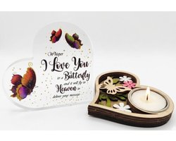 Geschenk set - Herdenking - Hart met vlinders - Steun - Waxinelichthouder - Overleden - Troost