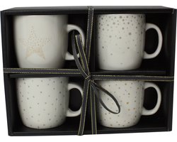 Geschenkdoos / 4 kopjes 220ml / Porselein  / Kleur: Wit, grijs, goud / Collectie "Rêve étoilé" - Set - Kerstcadeau -Huwelijkscadeau - Bruiloft Cadeau - Verjaardag Cadeau - Koffiemok RE-4TAS2