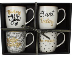 Geschenkdoos / 4 mokken 380ml / Mok / Porselein / " Today will be a good day! " Start today " Hello friday " Be merry" / Kleur: Wit, goud, zwart / Collectie "Rêve étoilé" - Kerstcadeau  - Bruiloft Cadeau -  Koffiemok RE-4MUG1