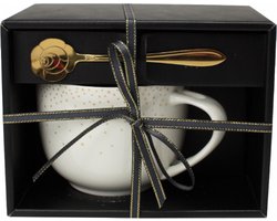 Geschenkdoos / mok 550ml met lepel / Porselein / Kleur: Wit en goud / Collectie "Rêve étoilé" - Set - Kerstcadeau -Huwelijkscadeau - Bruiloft Cadeau - Verjaardag Cadeau - Koffiemok RE-MUGCUI