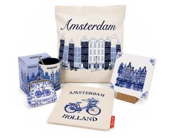Geschenkpakket delfts blauw Amsterdam - Verpakt in geschenktas - Nederlands cadeau - Cadeaupakket - Nederland souvenir - Hollandse cadeautjes - Hollandse souvenirs