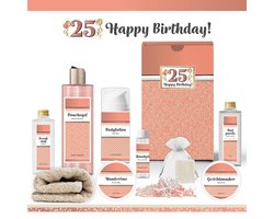 Geschenkset “25 Jaar, Happy Birthday!” - 9 producten - 790 gram | Luxe Cadeaubox voor haar - Wellness Pakket Vrouw - Giftset Vriendin - Girlfriend - Twenty five years Party - Cadeaupakket Collega - Cadeau Verjaardag - Gefeliciteerd - Goud - Zalmroze