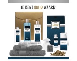 Geschenkset "Je bent goud waard!" - 9 Producten - 1275 Gram | Luxe Cadeaubox voor hem - Wellness Pakket Man - Gift Speciaal voor hem - Giftset Douchegel - Handdoeken - Cadeaupakket Verjaardag - Vaderdag - Cadeau Pakket - Collega Vriend Vader - Blauw