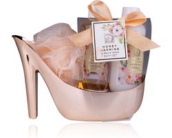 Geschenkset Vrouwen - Honey Jasmine Verwenpakket in Shiny Rosé Pump - Verjaardag cadeau vrouw, moeder, oma, vriendin, mama, zus - Cadeautje voor haar - Giftset - Huwelijk - Housewarming