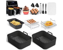 Geschikt voor Airfryer-accessoires- set van 8 voor Ninja Dual DZ201/401 en de meeste 12Qt-10Qt- inclusief 2 dubbele airfryer-rekken- 3 siliconen airfryer-liners- 2 siliconen handschoenen- 1 voedselclip- 100 stuks papieren voering etc.