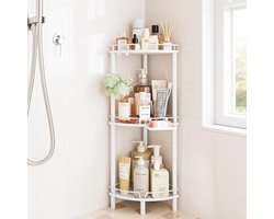 Geschikt voor Hoekdouchehouder, staand, 3-laags roestvrij metalen douche-organizer met zeephouder, opbergstandaard voor op de vloerdouche met verstelbare poten en 2 haken, wit