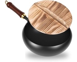 Gesmede IJzeren Pan 24 cm - Handgesmede Braadpan met Houten Deksel - Grote Buikpot - Voor Gasfornuis en Inductie - Ongecoat