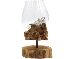 Gesmolten Glas Op Hout - Bloempot - Terrarium - Grote Glazen Bloempot - 25x19x15cm - Handgemaakt op Bali - Handgeblazen Glas