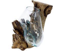 Gesmolten Glas Op Hout - Handgemaakt - Hangende Kom - Bloempot - 30x5cm - Glazen Bloempot - Handgeblazen Glas