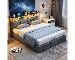 Gestoffeerd 140x190 cm, met LED en USB-aansluiting, tweepersoonsbed met hydraulische functie, opbergbed bedframe met lattenbodem, Grijs linnen