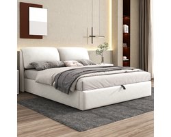 Gestoffeerd 180x200 cm, hydraulisch bed, 3 lades, opbergkast, lattenbodem met hoofdbord, fluweel, beige(Matras niet inbegrepen)