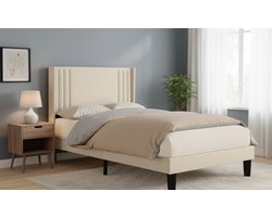 Gestoffeerd Bed 120x200 cm met Opbergruimte – Tweepersoonsbed met Metalen Frame & Houten Lattenbodem – Beige Linnen Bedframe – Stevig, Geluidloos & Eenvoudig te Monteren Depauwwonen