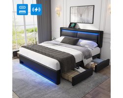 Gestoffeerd bed 140 x 190 cm met USB-poort met LED-verlichting en vier opberglades - zonder matras - zwart