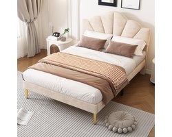 Gestoffeerd bed 140 x 190 cm - Schelpachtig bed met gouden ijzeren poten - Tweepersoonsbed - Verstelbaar hoofdeinde - Beige