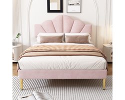 Gestoffeerd bed 140 x 190 cm - Schelpachtig bed met gouden ijzeren poten - Tweepersoonsbed - Verstelbaar hoofdeinde - Roze