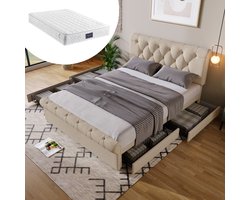 Gestoffeerd bed 140 x 200 cm - 4 lades en verstelbaar hoofdbord - Inclusief matras - totale afmetingen 225 x 148 x 104-110 cm (L x B x H) - Naturel