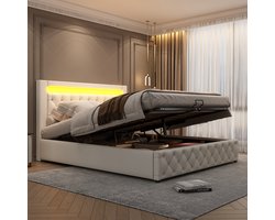 Gestoffeerd bed 140 x 200 cm, functioneel bed met lattenbodem en opbergruimte, met LED-verlichting, met opbergfunctie, wit, PU