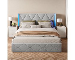 Gestoffeerd bed 140 x 200 cm, Hydraulisch opbergbed, Hoofdeinde met led-lichtstrips, Tweepersoonsbed, Europees bed, Grijs flanel