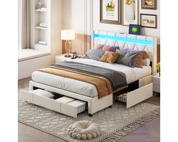 Gestoffeerd bed 140 x 200 cm, LED-verlichting en USB-oplaadpoort Tweepersoonsbed met 4 lades, jeugdbed met opbergruimte en lattenbodem, opbergbed, modern bed Beige linnen hoofdeinde rugleuning, zonder matras -splitsen voor 2 pakketten voor verzending