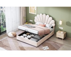Gestoffeerd bed 140 x 200 cm, met gebloemd hoofdbord en lattenbodem, met in hoogte verstelbaar hoofdbord en hydraulische opbergruimte, tweepersoons juniorbed, huidvriendelijke fluwelen stof, beige