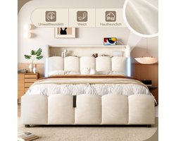Gestoffeerd bed 140 x 200 cm - met LED-verlichting - met opbergruimte - met USB- en Type-C-poort - beige - zonder matras