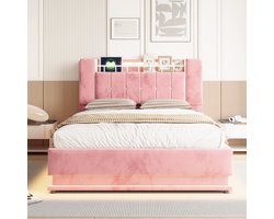 Gestoffeerd bed 140 x 200 cm - met LED-verlichting - USB-poort en opbergruimte - metalen frame - roze - zonder matras