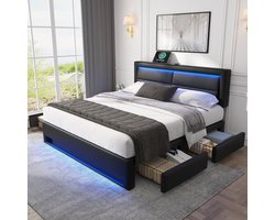 Gestoffeerd bed 140 x 200 cm met USB-poort met LED-verlichting en vier opberglades - zonder matras - zwart