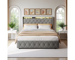 Gestoffeerd bed 140 x 200 cm, Opbergbed met 4 lades, Tweepersoonsbed met led- en usb-aansluiting, Continentaal bed, Grijze flanellen bekleding