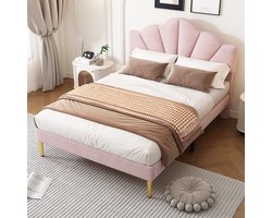 Gestoffeerd bed 140 x 200 cm - Schelpachtig bed met gouden ijzeren poten - Tweepersoonsbed - Verstelbaar hoofdeinde - Roze