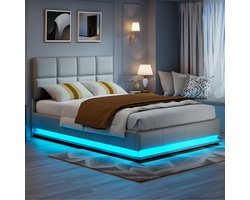 Gestoffeerd bed 140 x 200 cm, tweepersoonsbed met LED, hydraulisch omhoog verstelbaar opbergbed, Lattenbodem, met in hoogte verstelbaar gestoffeerd hoofdbord, grijs (zonder matras)