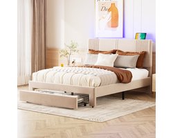 Gestoffeerd bed 140 x 200 cm - tweepersoonsbed met lichtstrip en USB-aansluiting - lades - verstelbaar hoofdeinde - beige - zonder matras