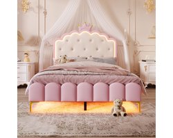 Gestoffeerd bed - 140 x 200cm - met lattenbodem - zonder matras - sfeerlicht met afstandsbediening - kroonprinsesvorm - PU - roze