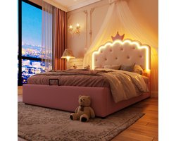 Gestoffeerd bed - 140 x 200cm - zonder matras - Op afstand bedienbaar sfeerlicht - Kroonprinsesvorm - Hydraulische opbergruimte - PU - Roze