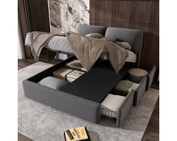 Gestoffeerd bed, 140*200, hydraulisch bed, drie laden, bedkast voor opbergruimte, lattenbodem met hoofdeinde, zonder matras, fluweel, grijs