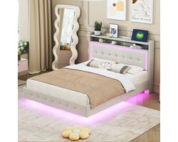 Gestoffeerd bed 140*200, met USB-aansluiting en LED-verlichting, bed kan aan het hoofdeinde worden geplaatst, verborgen voeteneinde, dubbel vlak bed, linnen stof, beige