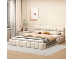 Gestoffeerd Bed 140x190 cm – Beige Linnen met Franjes – Hoofdeinde & Lattenbodem – Modern Design