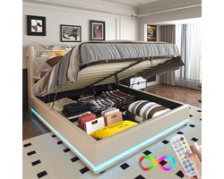 Gestoffeerd Bed 140x190 cm - Met Hydraulische Hendel - Opbergbed - Jongerenbed - Jeugdbed - Tweepersoonsbed - Bedframe met Led Verlichting - Met Stopcontacten - USB -Type C - Eenvoudige Montage - Beige