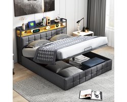 Gestoffeerd bed 140x190 cm met LED en USB - Hydraulisch tweepersoonsbed met lattenbodem en hoofdeinde opbergruimte, Opbergbed (zonder matras) grijs linnen