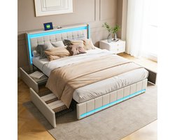 Gestoffeerd bed 140x190 cm met LED en USB, tweepersoonsbed met 4 laden, bedden met opbergruimte en lattenbodem, bedframe met rugleuning voor jongerenbed, zonder matras, linnen beige
