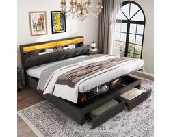 Gestoffeerd Bed 140x190 cm met LED-Hoofdbord en Opbergruimte, Tweepersoonsbed met Lattenbodem en 2 Onderlades, Opbergbed Bedombouw Grijs Linnen (Zonder Matras)