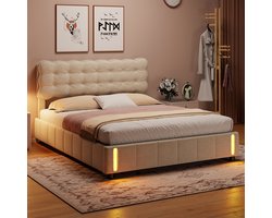 Gestoffeerd bed 140x190 cm met LED, jeugdbed tweepersoonsbed met opbergruimte en lattenbodem, hydraulisch opbergbed rugleuning bedframe, voor meisjes, zonder matras, fluweelbeige